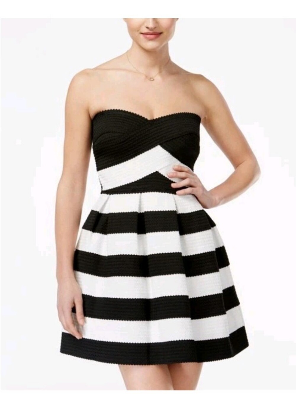 B Darlin Strapless Black & White Striped Fit-and-Flare Dress NWOT